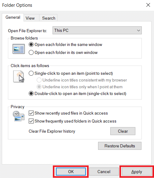 Apply and OK button. Fix Windows 10 File Explorer Working on it Error