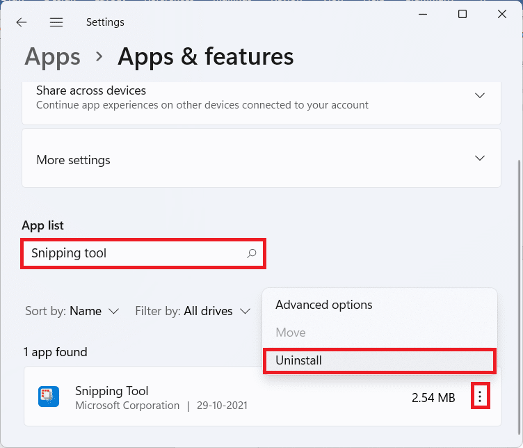 Apps and features section in the Settings app.