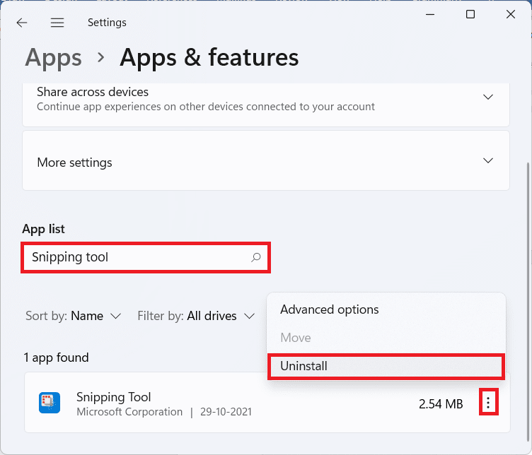 Apps & features section in the Settings app.