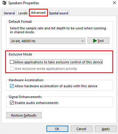 Allow applications to take exclusive control of this device option