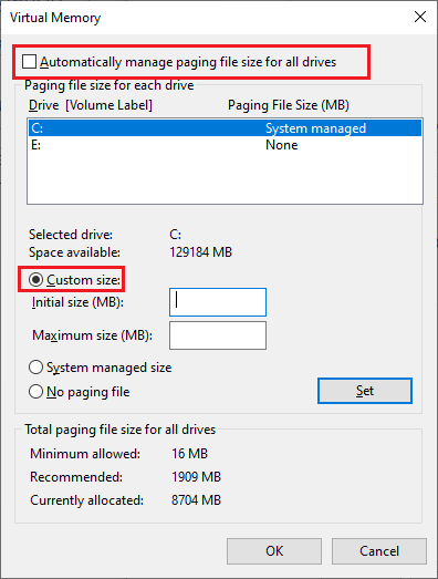Automatically manage paging file size for all drives 