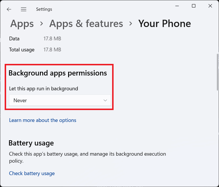 Background apps permission option in settings