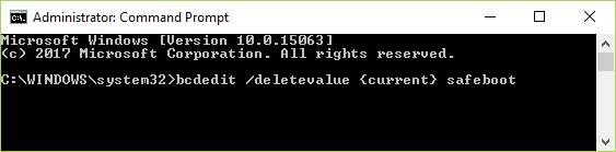 bcdedit /deletevalue {current} safeboot