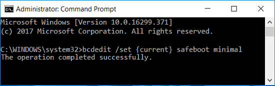 bcdedit /set {current} safeboot minimal