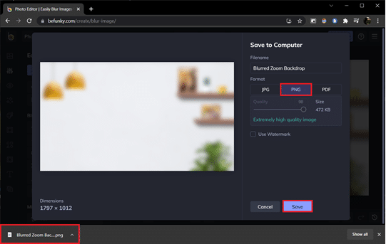 Befunky Save to Computer pop up. How to Blur Background in Zoom on Windows 10