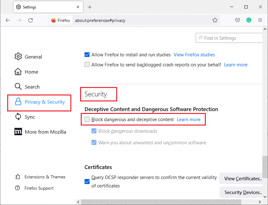 Block dangerous and deceptive content option. Fix Firefox SSL_ERROR_NO_CYPHER_OVERLAP in Windows 10