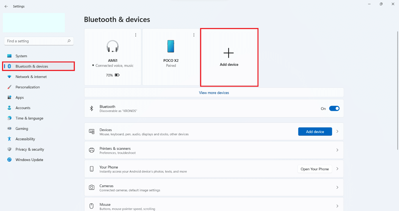 Bluetooth and devices section in settings