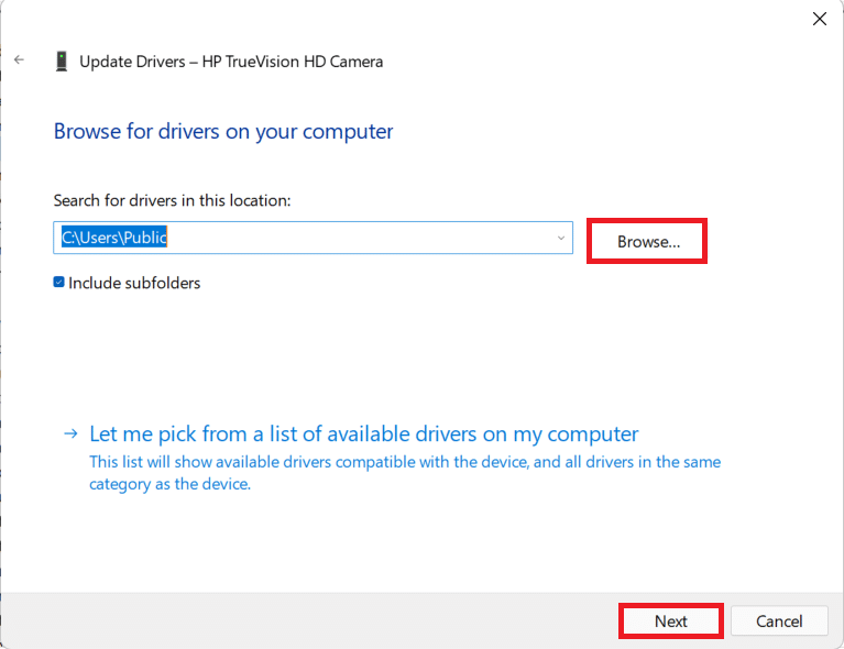 Browse for drivers. How to fix Webcam not working on Windows 11