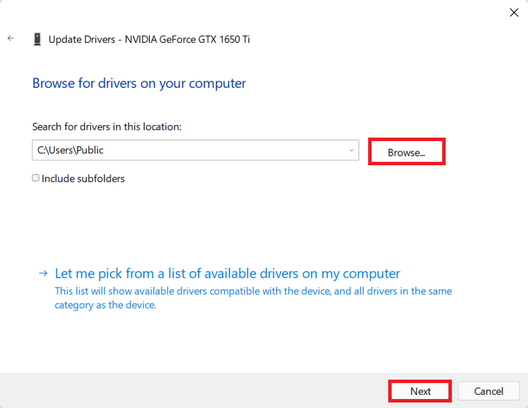 Browse option in Driver update wizard