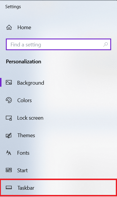 select taskbar in personalize settings 