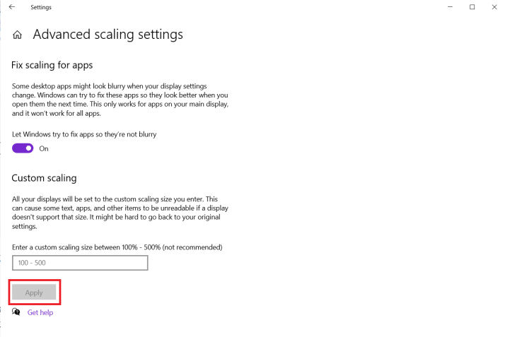 click on apply after entering custom scaling size in advanced scaling settings.