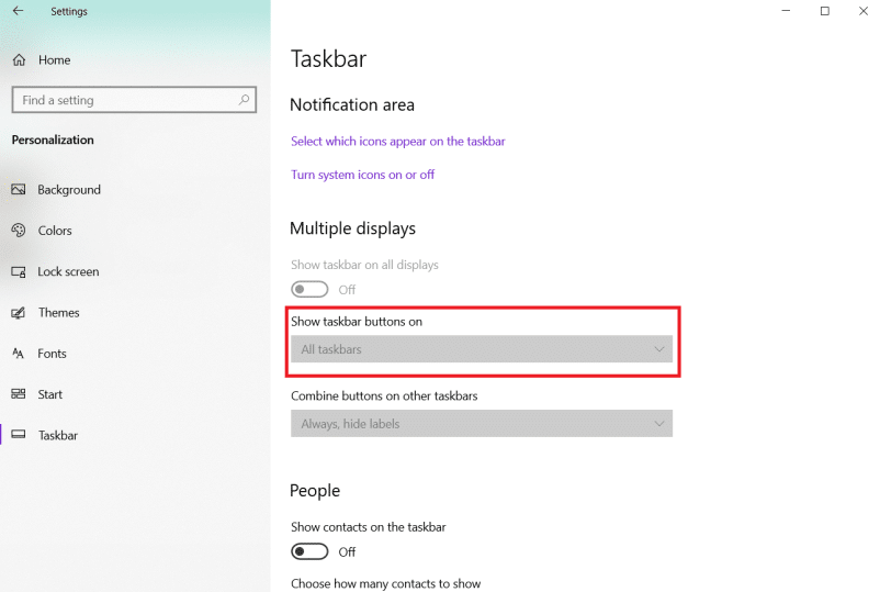 select show taskbar buttons on option in taskbar menu personalize settings.