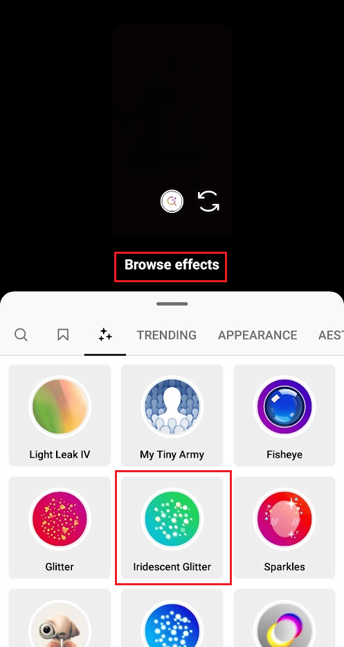 camera section - Browse effects - search desired filter - bookmark icon to save it to your icons bar