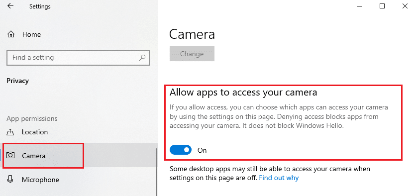Camera settings window. Allow access to your camera option is enabled. Fix No Cameras are Attached in Windows 10