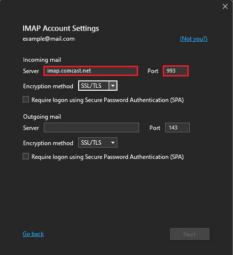 wijzig de IMAP-servernaam en het poortnummer