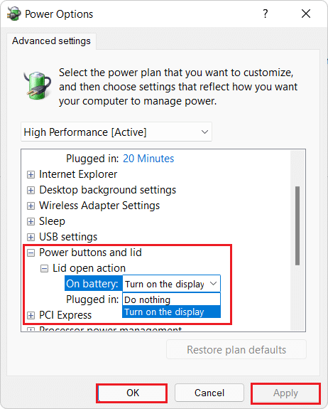 change lid open action in Power Options Windows 11