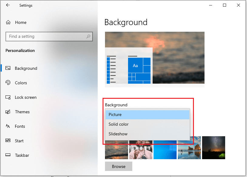 change the background type from picture to solid color or slideshow.