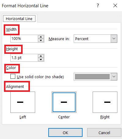 Change the height, width, color, and alignment from the Format Horizontal line dialog box.