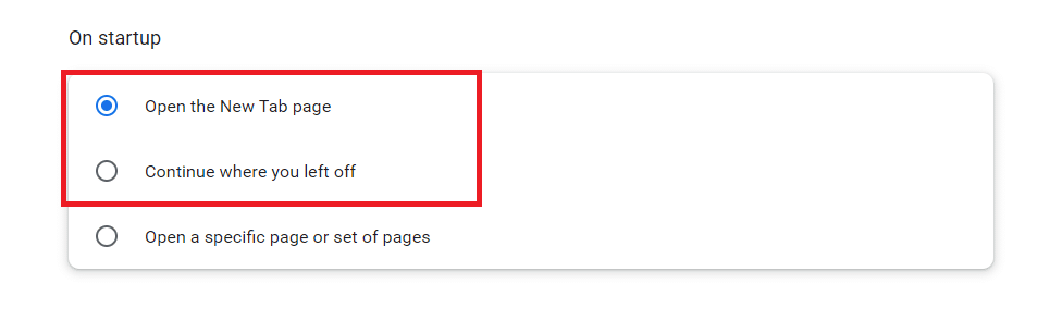 Променете опцията от Продължете откъдето сте спрели на Отваряне на страницата с нов раздел, след като пристигнете. Как да коригирате автоматичното отваряне на Google Chrome