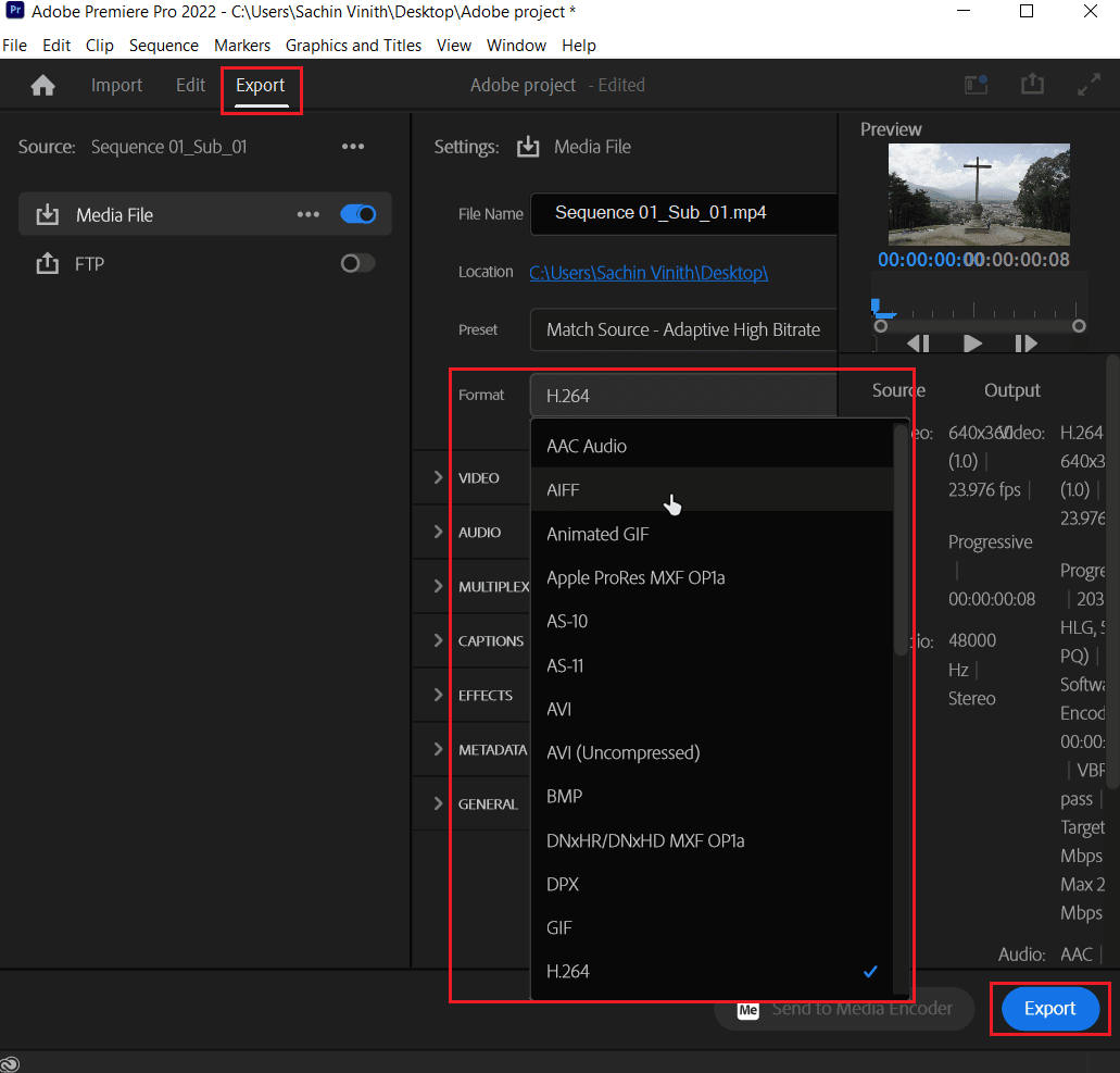 change the video codec and click export