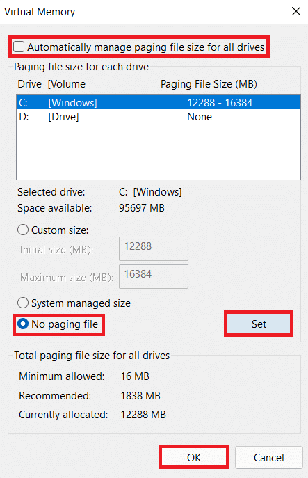 marque Administrar automáticamente el tamaño del archivo de paginación para todas las unidades y seleccione la opción Sin archivo de paginación y haga clic en el botón Establecer en la ventana Memoria virtual. Arreglar la personalización de Halo Infinite que no se carga en Windows 11