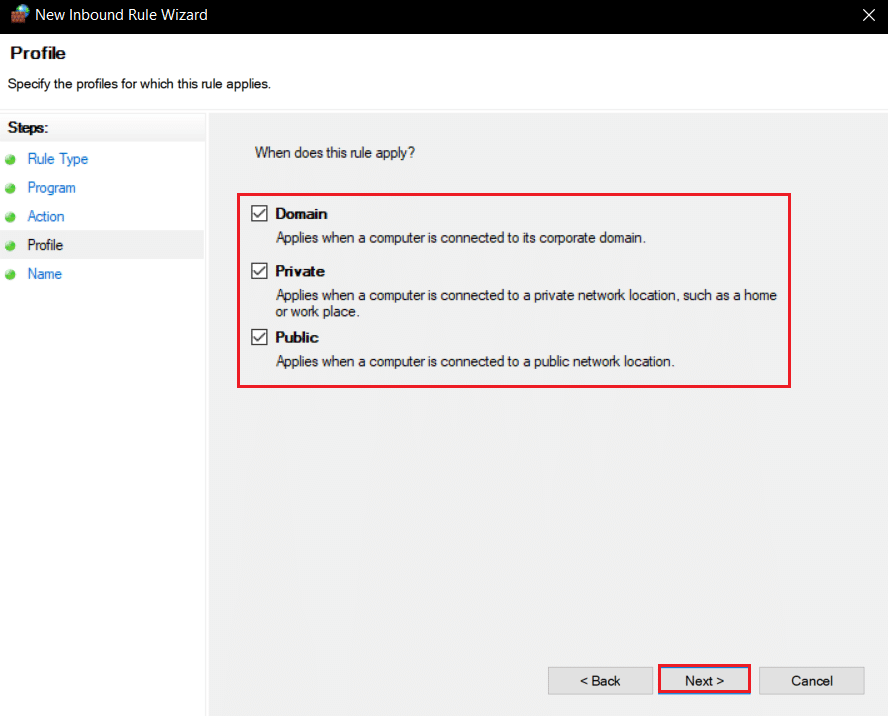 check Domain Private and Public options in New inbound rule wizard. Fix Minecraft Failed to Authenticate Your Connection in Windows 10