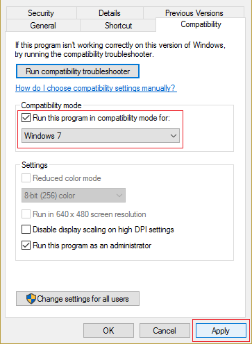 установите флажок «Запустить эту программу в режиме совместимости» и выберите Windows 7.