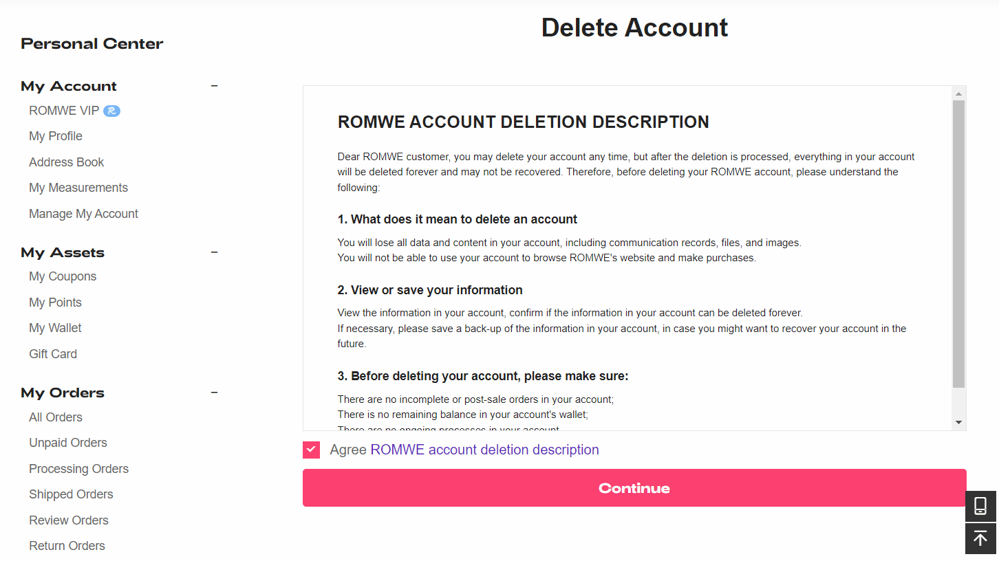 تحقق من الموافقة على وصف حذف حساب ROMWE وانقر على "متابعة" في romwe
