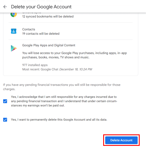 Check all the boxes to agree with the conditions and scroll down to the bottom and click on the Delete Account button. | disable Google Chat