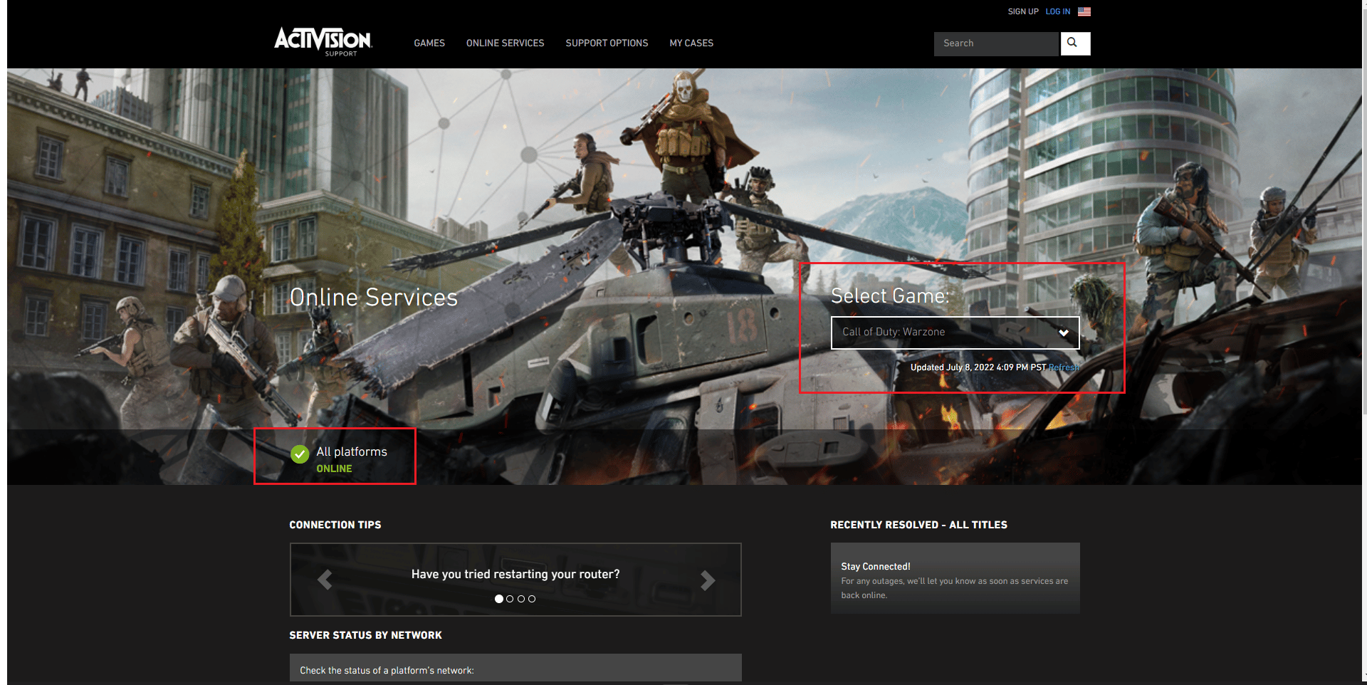 проверьте статус сервера Call of Duty Warzone на странице онлайн-услуг поддержки Activision