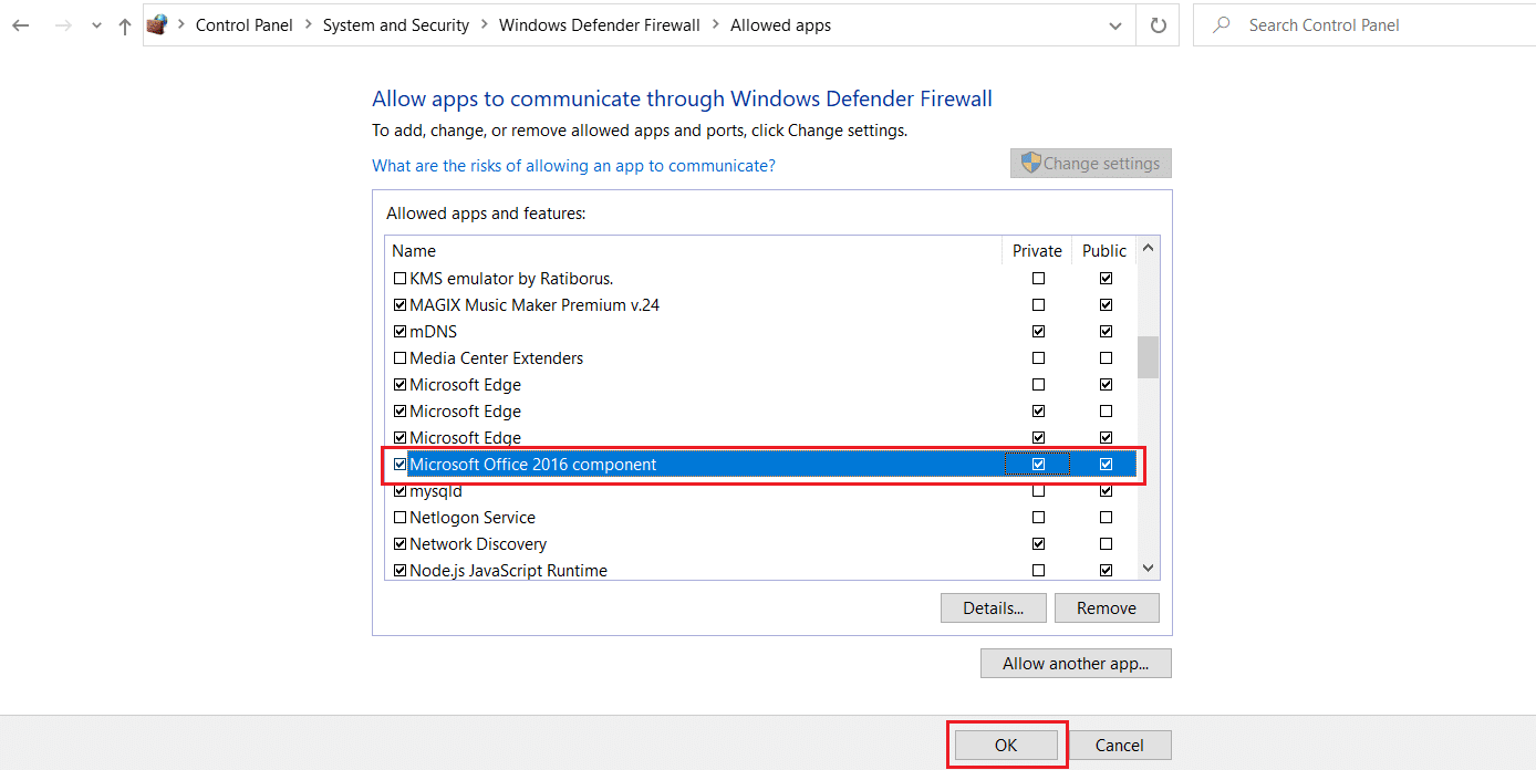 check private and public option in Microsoft office outlook component in allow app or feature through windows defender firewall menu
