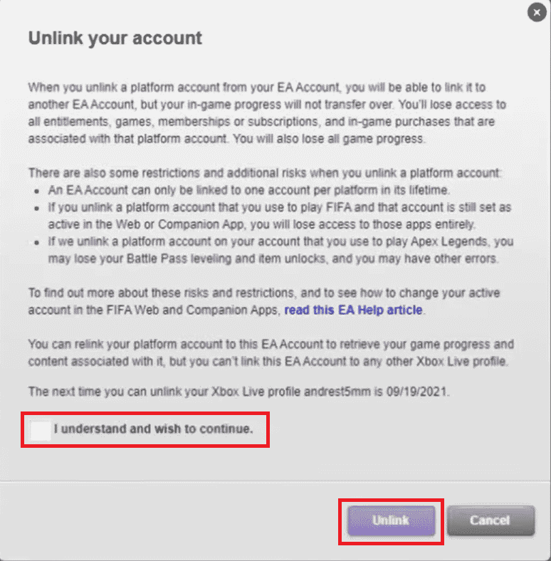 Check the box and click on Unlink in the pop-up | How to Unlink EA Account from Xbox