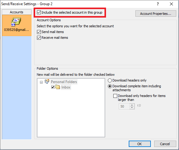 Check the box before Include the selected accounts in this group. Fix Outlook Error 0x8004102a in Windows 10