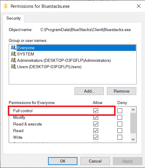 Check the box in the Allow column for Full control