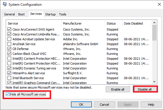 Check the box next to Hide all Microsoft services, and click on Disable all button
