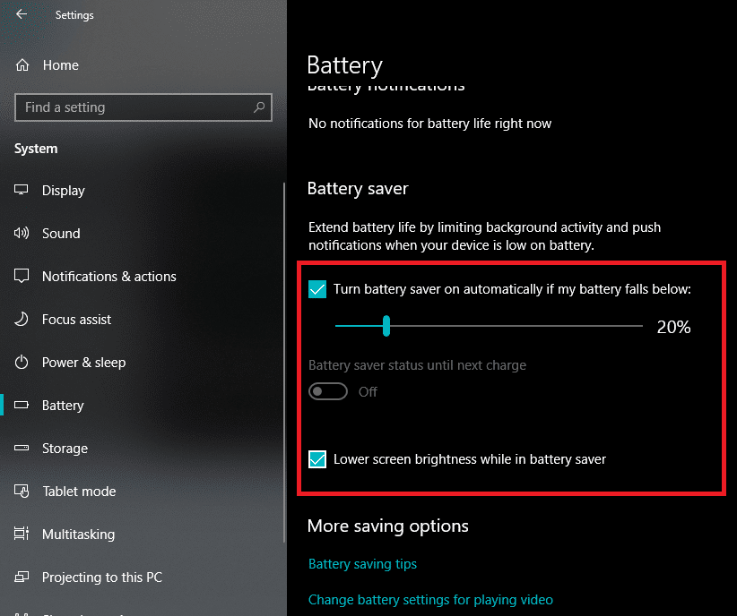 check the box which says “Lower screen brightness while in battery saver” option