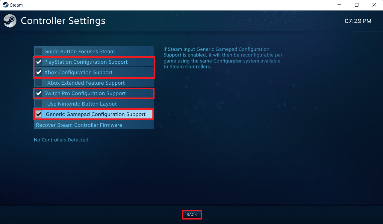 Check the boxes in the Controller settings window on your system depending on the controller you own