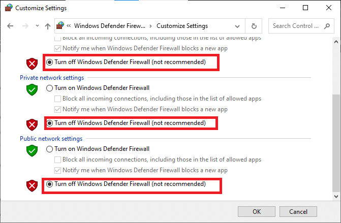 Check the boxes next to the Turn off Windows Defender Firewall