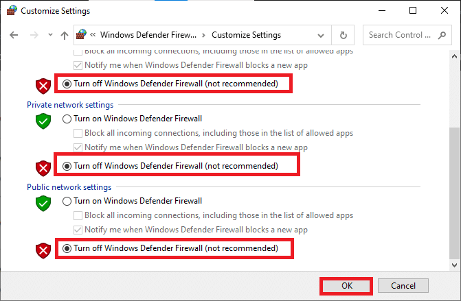 установите флажки рядом с параметром «Отключить брандмауэр Защитника Windows (не рекомендуется)» везде, где это возможно на этом экране.