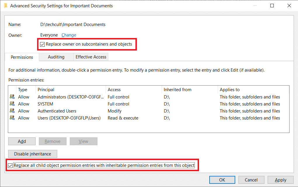 Check the boxes Replace owner on subcontainers and objects and Replace all child object permission entries with inheritable permissions entries from this object. How to Fix Access is Denied Windows 10