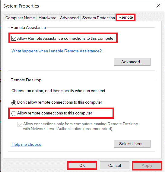 Check the boxes to Allow Remote Assistance connections to this computer and Allow remote connections