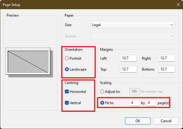 Adjust and verify the Orientation and Centring sections as per your output image preference. Type the number of pages required for the image to be split in the Fit to option box under the Scaling section. As shown below, if the image is required to be split into 16 separate images, type 4 by 4 page(s) in the boxes. how to print large images on multiple pages Windows 11