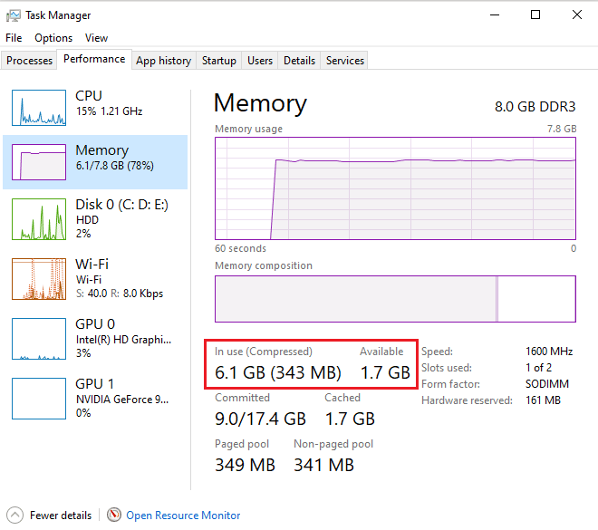 check the In use and Available RAM space on your system. how to increase my PC memory
