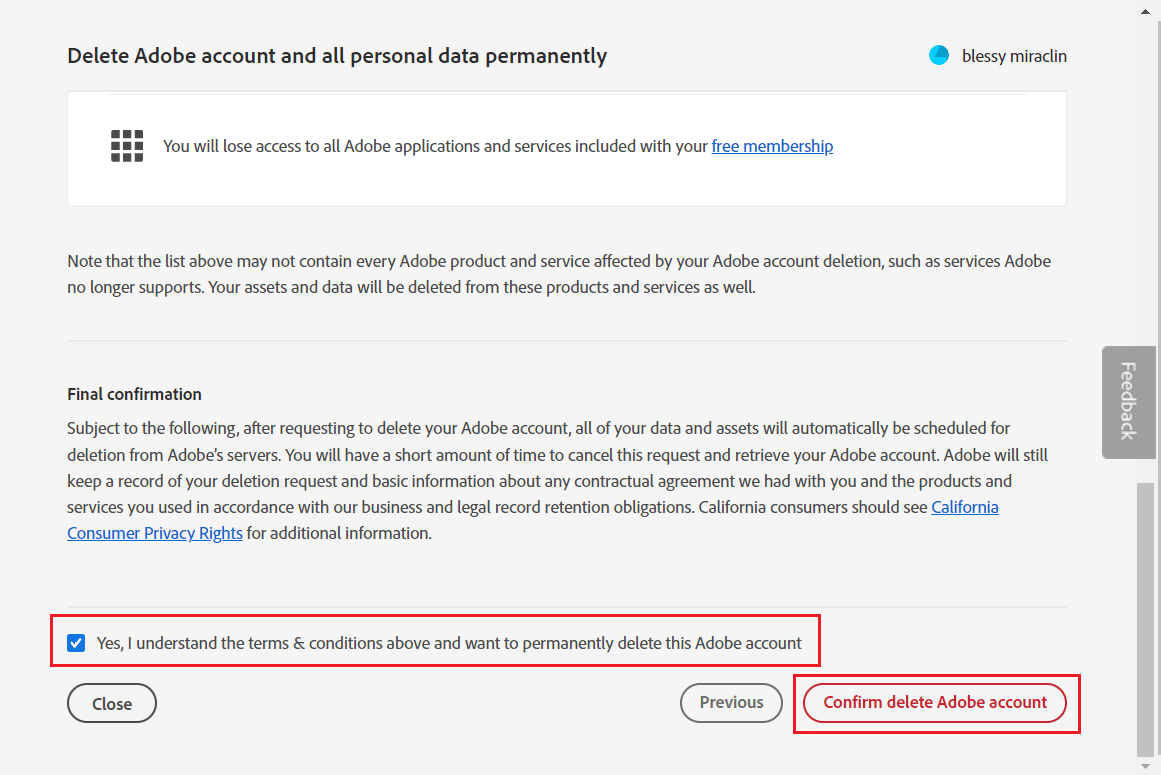 Check the option and click on Confirm delete Adobe account to finalize the deletion of your account