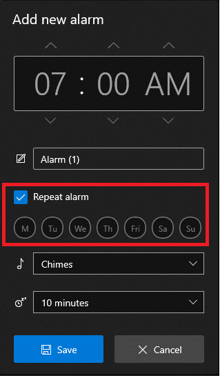 Check the Repeat Alarm box and click the day icon to repeat the alarm on the days mentioned.
