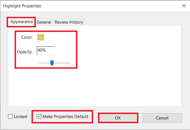 check the ‘Make Properties default’ option and then click OK. | How to Change Highlight Color in Adobe Acrobat Reader?