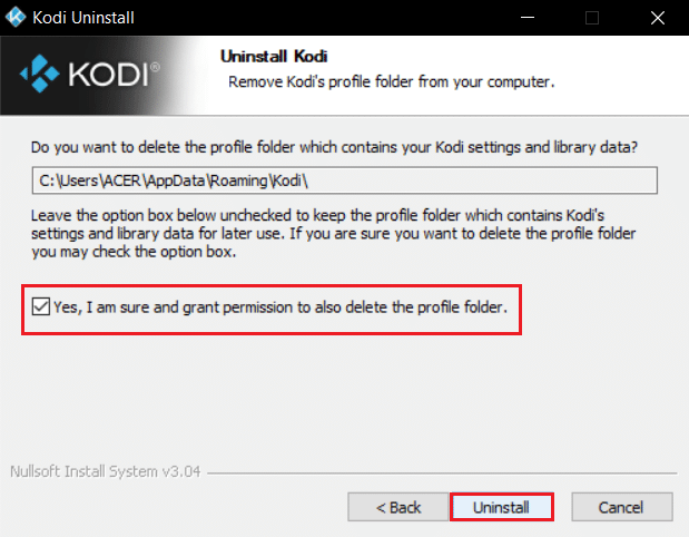 check yes i am sure and grant permission to also delete the profile folder and click on Next in Kodi Uninstall wizard