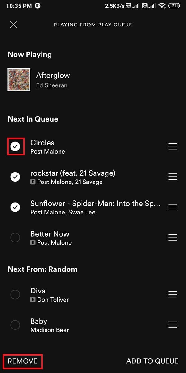 checkmark the circle next to each song and click on ‘Remove’