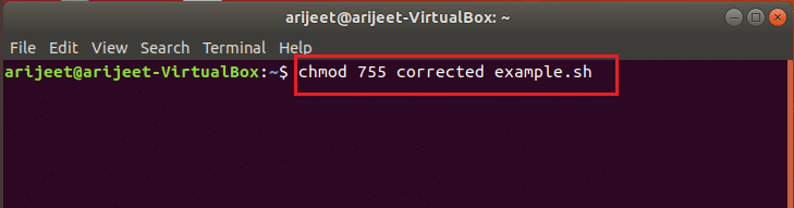 chmod 755 correctedexample.sh command to set permissions in linux terminal