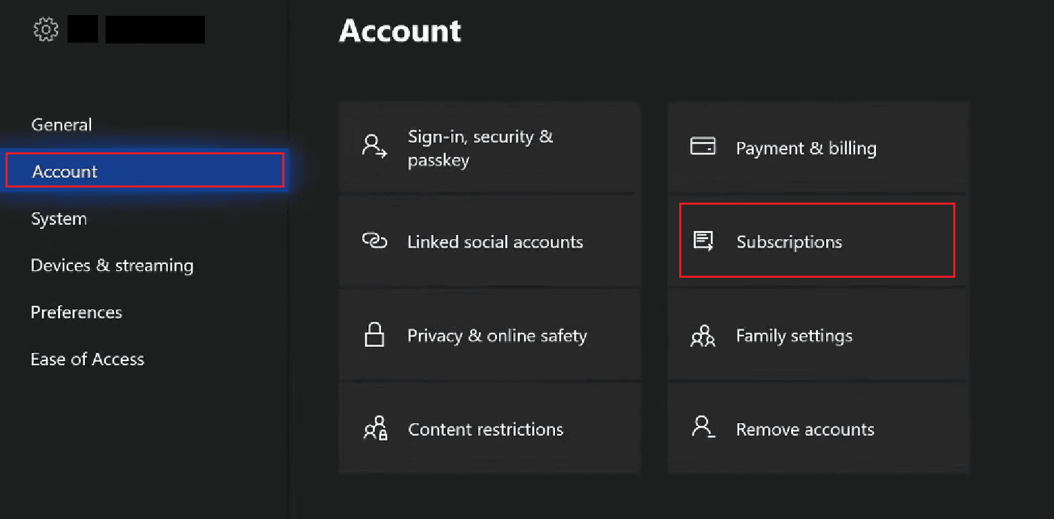 choose Account tab - Subscriptions